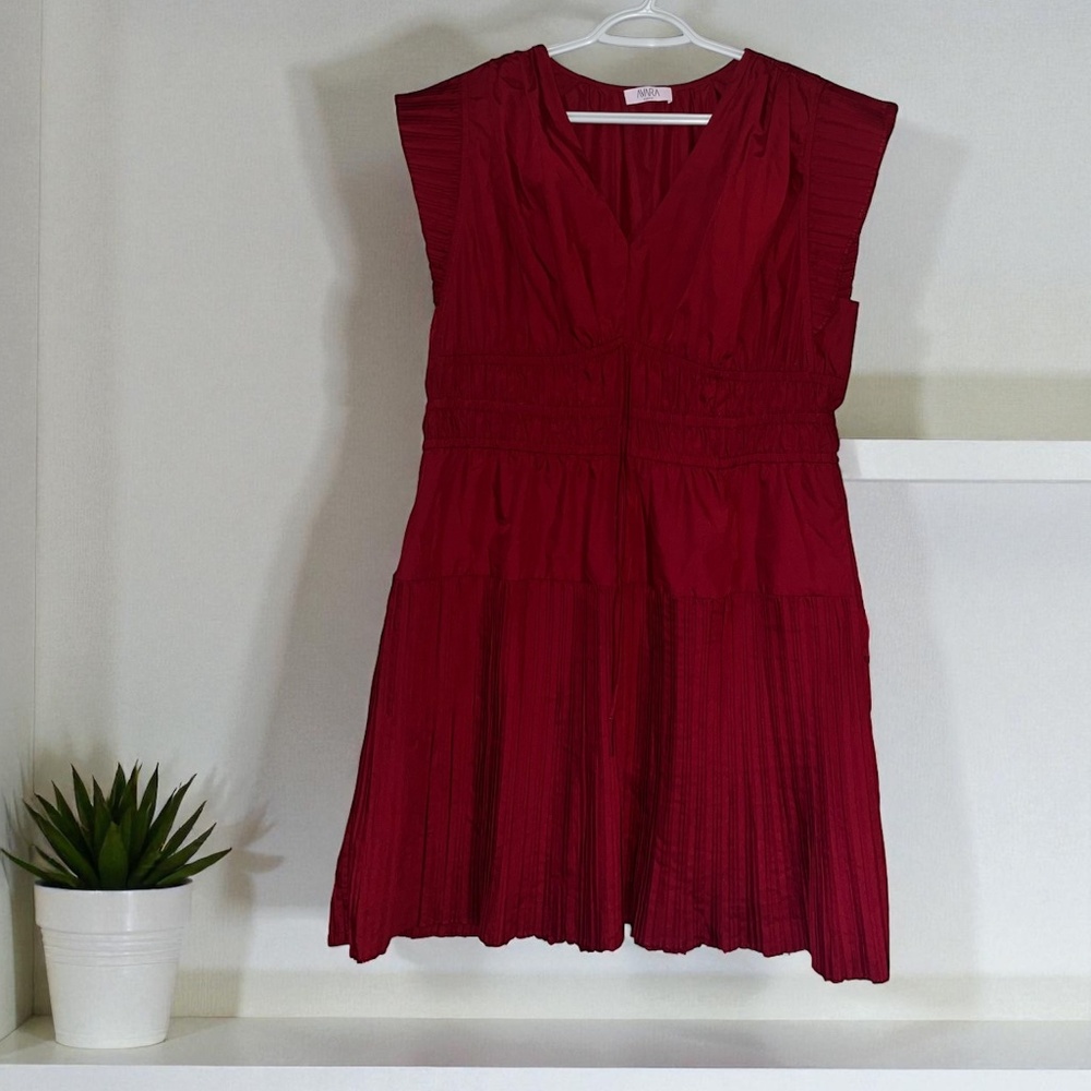 Avara Women Burgundy Gathered Pleated Mini Swing Dress w/ Flutter Sleeves Sz-XL